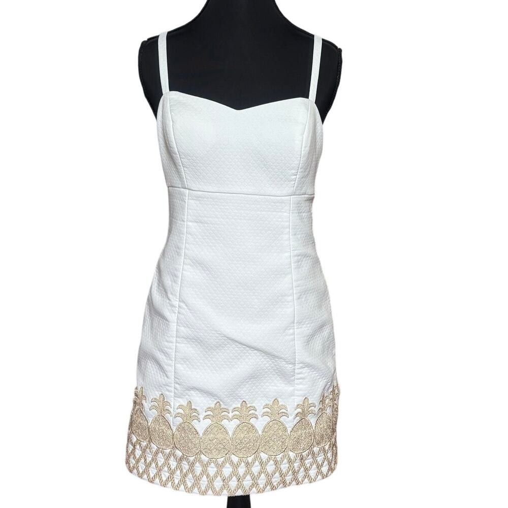 Lilly Pulitzer white quilted gold pineapple‎ trim sleeveless dress SIZE 0